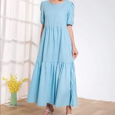 From Shein. Never Worn American Size 8/10 Color Baby Blue Blue Maxi Dress With Ruffle Hem For Spring, Blue Maxi Dress With Ruffle Hem For Daywear, Spring Light Blue Solid Midi Dress, Blue Tiered Midi Dress For Spring, Blue Midi Dress With Ruffle Hem For Spring, Blue Solid Color Midi Dress For Daywear, Blue Short Sleeve Midi Dress For Daytime, Light Blue Ruffled Maxi Dress For Day Out, Casual Maxi Dress With Puff Sleeves And Ruffles