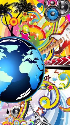 the earth is surrounded by musical instruments and palm trees in this colorful background with music elements