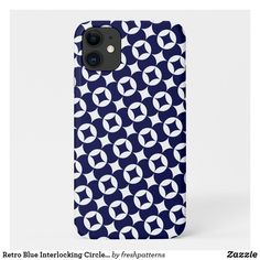 an iphone case with circles and stars on the back, in navy blue color scheme