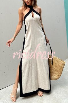 Платье макси с лямкой Down By The Cove – ricidress Robes Glamour, Loose Maxi Dress, Maxi Dress Sale, Color Block Design, Colour Blocking, Vacation Wear, Linen Maxi Dress, Linen Style, Loose Outfit