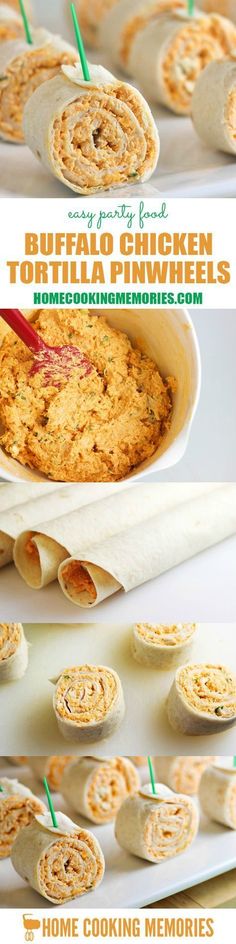 the recipe for buffalo chicken tortilla wraps is shown in three different pictures and includes an image of rolled up tortillas