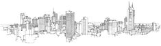 a black and white drawing of a cityscape with skyscrapers in the background