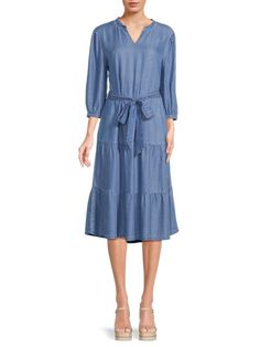 Saks Fifth Avenue Notch Collar Belted Midi Dress on SALE | Saks OFF 5TH Green Dress Casual, Belted Midi Dress, Notch Collar, Green Midi Dress, Notched Collar, Tie Belt, Puff Sleeves, Dress Collection, Saks Fifth