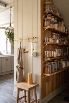 a wooden shelf filled with lots of jars next to a wall mounted potting plant