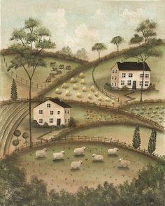 a painting of houses and sheep on a hill