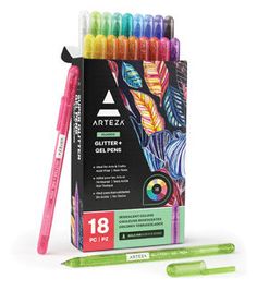 an assortment of markers and pens in a box with the packaging next to it on a white background