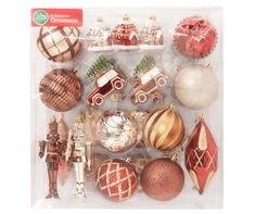 an assortment of christmas ornaments in a package