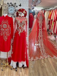 Beautiful traditional Vietnamese Ao Dai made to fit your measurements! Style 1: red with gold lace and beadings and train (video: https://www.pinterest.com/pin/602497256406779761/) Style 2: red with gold lace and train Style 3: red with gold lace and beadings - veil available at extra cost Style 4: red with red lace and beadings and train Optional head piece at extra cost: please message us with a style you want - Price include pants for the lady's Ao dai The dress will need 2-3 weeks to be made Luxury Red Sets For Traditional Ceremonies, Traditional Red Gown For Marriage, Traditional Red Dress For Marriage, Traditional Red Marriage Dress, Red Wedding Gown With Long Train, Red Embroidered Ceremonial Gown, Wedding Dresses With Gold Embroidery In Red, Red Wedding Dresses With Gold Embroidery, Red Wedding Set With Gold Embroidery