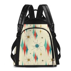 Add a touch of quirky nostalgia to your travels with our Mid Century Atomic Cat Franciscan Design Daypack. This unique backpack features anti-theft technology and a comfortable, sturdy design perfect for all your adventures. (Meow-velous for cat lovers!) Upgrade your travel experience with all over printing for this Casual Travel PU Daypack Anti-theft Backpack, crafted from durable PU leather for security and style. Featuring multiple compartments, including inside and outside pockets, and adjus Retro Rectangular Travel Backpack, Black Retro Travel Backpack, Retro Black Rectangular Backpack, Large Capacity Retro Backpack, Travel Backpack With Cat Design, Retro Backpack For Travel And Back To School, Retro Everyday Backpack, Atomic Cat, Mid Century Modern Office