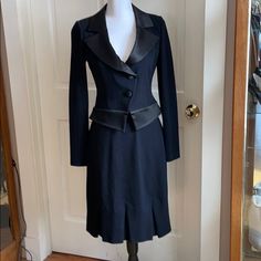 St. John Knit Suit With Satin Lapel, Buttons And Trim. Skirt Has Cute Kick Pleats. Size 4. Black Skirt Suit, Knitted Suit, Kick Pleat, Skirt Sets, Skirt Suit, Black Skirt, St John, Skirt Set, Womens Skirt