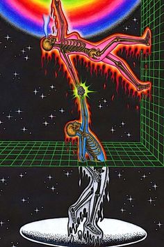 a drawing of a skeleton holding a human body in front of a rainbow colored background