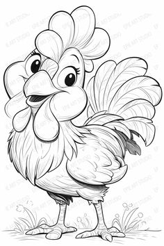 a cartoon chicken standing in the grass