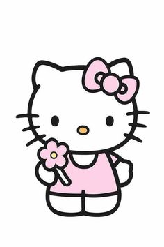 a hello kitty holding a flower in her hand and wearing a pink shirt with the word hello