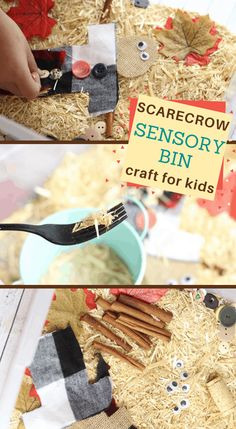 two pictures showing how to make a scarecrow pin craft for kids