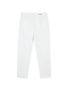 Details: Simple, clean, pure white jeansHigh-waisted and slightly tapered trousersThe embroidered letters at the waist and the leather label at the back are exquisite details.Ripped edges add a touch of individuality. Materials & Care: Cotton 61.4%; Lycra 16.6%; Polyester 14.1%; Mulberry Silk 6.9%; Elastane 1.0% Hand wash | Dry clean Do not bleach Size & Fit: Model is 5'7", Bust 32, Waist 24, Hips 35, wearing a size S Item #: LN2DP03 Chic White Tapered Leg Jeans, Chic White Straight Hem Jeans, Chic White Jeans With Straight Hem, Trendy White Jeans With Straight Hem, Classic White Pants With Five Pockets, Chic White Pants With Five Pockets, Classic White Jeans For Work, Classic White Jeans, Classic White Bottoms With Five Pockets