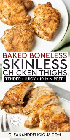 baked boneless chicken thighs on a white plate