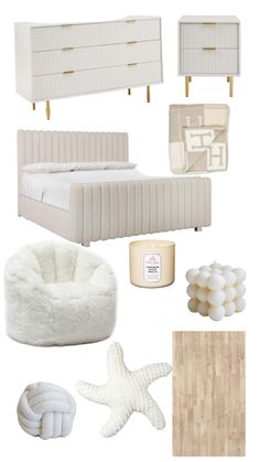 white furniture and accessories are arranged in an arrangement