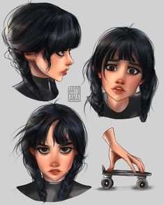 three different views of a woman's face with black hair and bangs, holding a skateboard