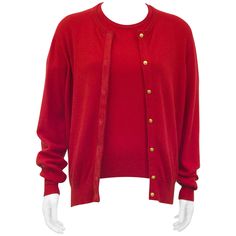 Early 1990s Gucci red cashmere twin set. Cardigan with a monochromatic red suede trim and small gold Gucci logo buttons. Matching short sleeve top. Can be worn together or separately. Both taper at hips with ribbed waistband. Gorgeous Italian cashmere. Excellent vintage condition. Fits like a US 6/8. Cardigan: Sleeve 25" Shoulder 17.5" Bust 44" Waist 36" Hips 28" Length 26" Top: Sleeve 9" Shoulder 20" Bust 36" Waist 34" Hips 28" Length 23&qu Luxury Gucci Winter Top, Gucci Luxury Tops For Winter, Luxury Gucci Tops For Winter, Gucci Tops For Work With Button Closure, Elegant Gucci Top With Button Closure, Gucci Long Sleeve Top With Button Closure, Elegant Gucci Tops With Button Closure, Fitted Gucci Tops With Button Closure, Fitted Gucci Top With Button Closure