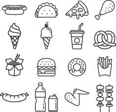 different types of food and drinks in black and white outline style on a white background