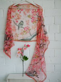 Hand painted Luxury Silk Chiffon scarf shawl - Blossoming Cherry Tree in Warm Pink Spring and five Black-caped Chickadees enjoying this beauty! Lots and lots of white and light pink cherry blossoms and little dark pink buds flowering branch, olive green leaves and wind blown petals will make you feel always in Spring... Chiffon is very light and transparent silk fabric. It is transparent in one layer and rich colors are open when scarf is wrapped around the neck or head. ------------------------ Spring Silk Shawl Scarf, Artistic Floral Print Scarves For Spring, Spring Silk Dupatta With Digital Print, Spring Floral Print Pink Dupatta, Spring Shawl Dupatta Scarf, Pink Silk Scarf, Silk Chiffon Scarves, Chickadees, Small Scarf