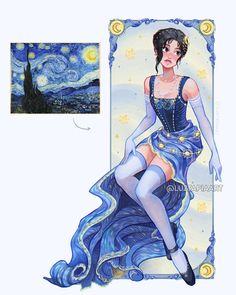 a drawing of a woman in a blue dress sitting on top of a book cover