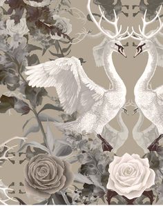 two white swans surrounded by flowers and antlers on a gray background with pink roses