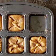 mini apple pies in a muffin tin with the words get the recipe written on it