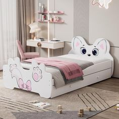 a child's bedroom with pink and white furniture