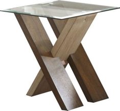 a glass and wood table with an x design