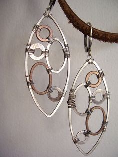 Industrial...love Handmade Unique Wrap Earrings, Modern Handmade Metal Hoop Earrings, Unique Silver Copper Hoop Earrings, Handmade Mixed Metal Silver Earrings, Unique Metal Wrap Earrings, Modern Handmade Copper Earrings, Artsy Silver Metal Earrings, Handmade Copper Wrap Earrings, Handmade Unique Copper Wrap Earrings