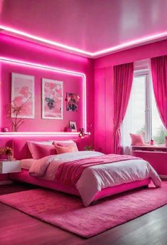 a bedroom with pink walls and carpeted flooring is lit up by bright lights