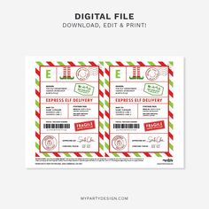 two red and green christmas ticket templates with the words digital file on top of them