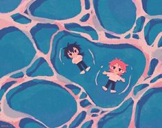 two anime characters floating in the water