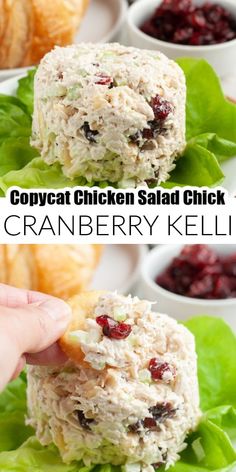 chicken salad sandwich with cranberry ketchup is shown in two separate images