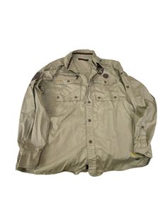 Parish Nation Button Down Shirt  Sz XL . Condition is "Pre-owned". Very Good Look at Pictures for flaws SKU A3-630 Khaki Button Closure Top For Streetwear, Outdoor Long Sleeve Tops With Button Closure, Khaki Top With Button Closure For Streetwear, Long Sleeve Tops With Button Closure For Outdoor, Vintage Long Sleeve Shirt For Outdoor, Vintage Khaki Top For Outdoor, Vintage Long Sleeve Tops For Outdoor, Shirt Sleeves, Long Sleeve Shirt