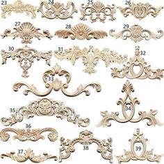 the different types of decorative wood carvings and molds for furniture or wall decor, including an