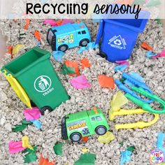 a pile of trash and toys with the words recycling sensory written on it in front of them