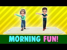 two people standing on top of a rug with the words morning fun in front of them