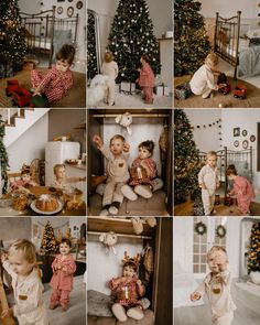 a collage of photos showing children playing around the christmas tree