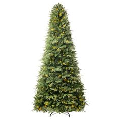 a green christmas tree with yellow lights on it's top and bottom branches, in front of a white background