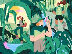 an illustration of people in the jungle reading books and drinking water from a faucet