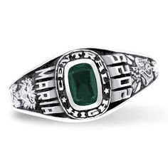 This ladies' high school class ring is the medium version of the ladies' rectangular ArtCarved® styles and has a choice of stone. The left side may be customized with your graduation year and one activity. The right side may be customized with one line (up to nine characters and spaces) and a mascot design. The inside of the ring may be engraved with up to 18 characters and spaces. Silver Select™, stainless steel and sterling silver rings cannot be resized after purchase. Class Rings High School, School Rings, Graduation Rings, Green School, Graduation Year, High School Classes, School Class, Mascot Design, Ring Ideas