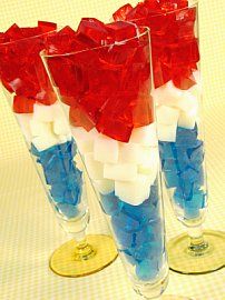 three glasses with red, white and blue confetti in them sitting on a table