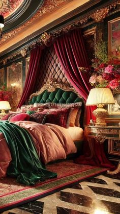 a fancy bedroom decorated in red, green and gold