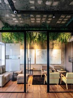 an office with wooden floors and glass walls, plants growing on the ceiling above it