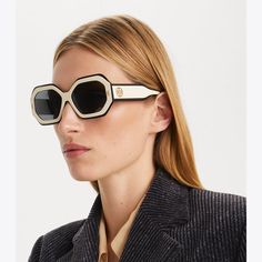 A striking design combines irregular frames with retro glamour. The layered acetate sunglasses are detailed with front metal stitches and our signature logo on the two-toned temples. Geometric Sunglasses, Retro Glamour, Sunglasses Women Designer, Acetate Sunglasses, Tory Burch Miller, Poplin Dress, Designer Accessories, Satin Skirt, Crepe Dress