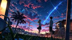 two people looking at the sky with stars in the sky and palm trees behind them