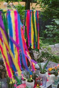 colorful streamers hanging from the ceiling over a table with succulents and cactuses