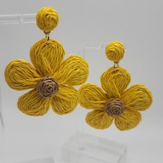 Yellow Large Flower Earrings Drop: 2.5" Dyed Straw/Raffia On A Gold Back Form (Lightweight) Beautiful Bright Color Gives Great Dimension And Fun To These Drop Statement Earrings. Great For Adding A Pop Of Color Or Accentuating Your Outfit! Handmade Flower Earrings Adjustable For Spring, Yellow Earrings For Beach In Spring, Yellow Flower-shaped Jewelry For Spring, Spring Yellow Flower-shaped Jewelry, Handmade Yellow Earrings For Spring, Yellow Spring Earrings, Handmade Yellow Flower Earrings, Handmade Yellow Flower Earrings For Beach, Handmade Flower Earrings In Gold For Summer